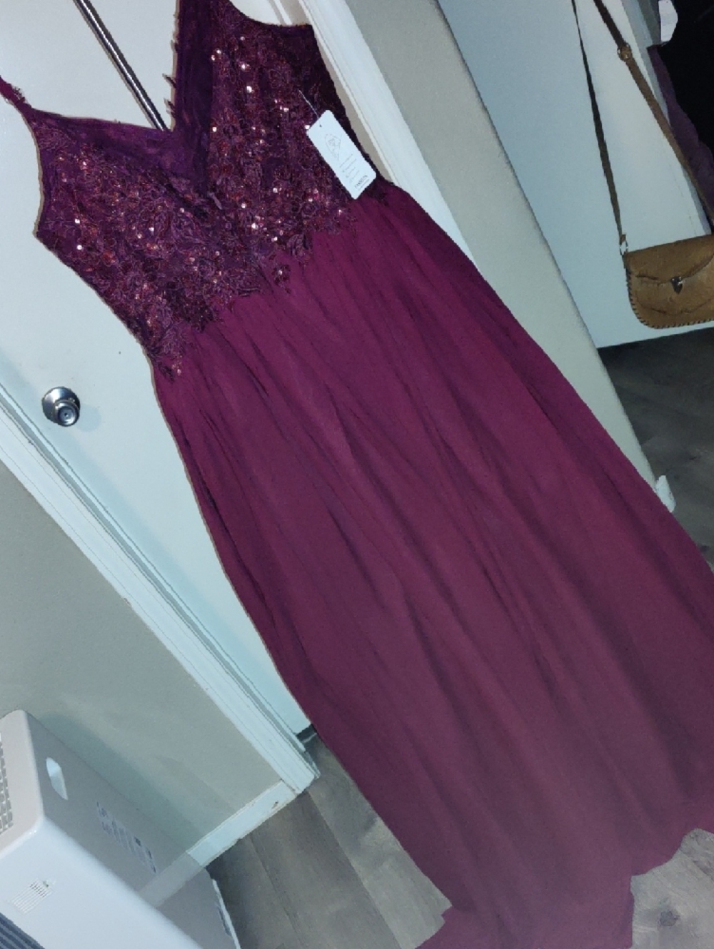 Burgundy Beaded Spaghetti-Strap Prom Gown with High Slit - Picture 6 of 7